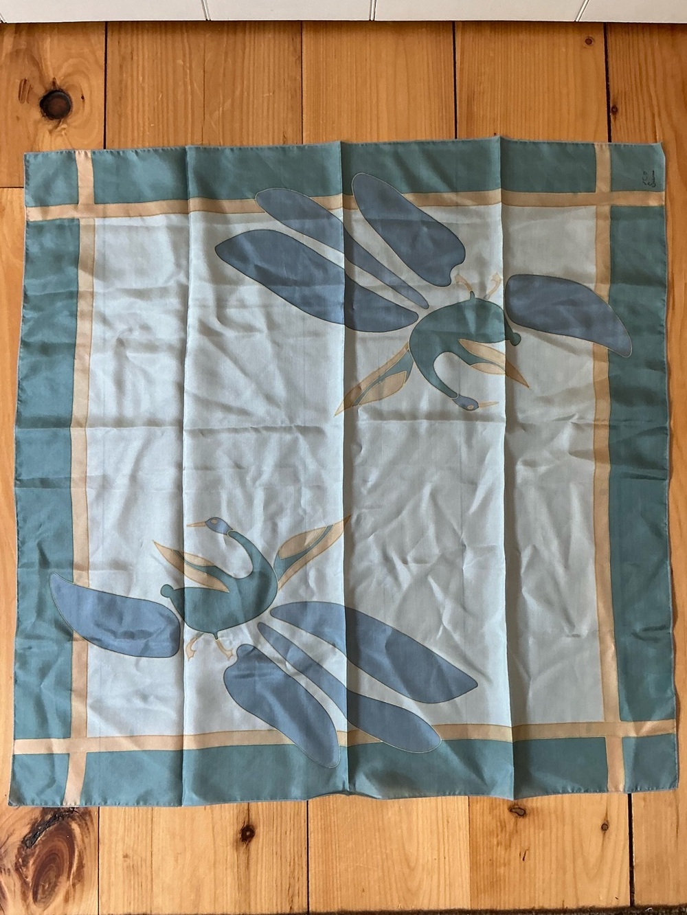 VTG Sidonie Hand Painted 100% Silk Scarf 29" Square Teal Blue Crane Art